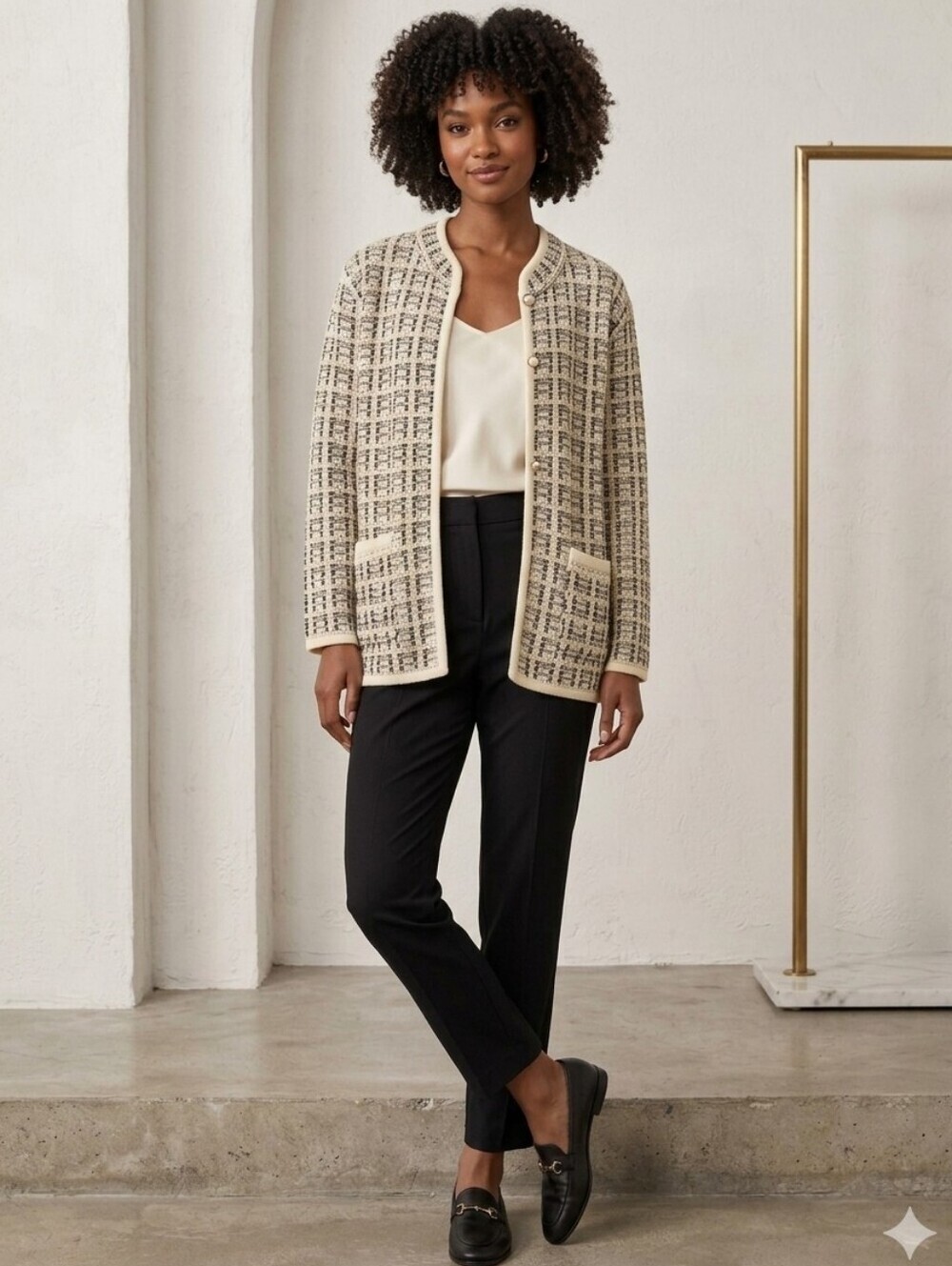 729 Alfred Dunner Black White Plaid Tweed Knit Open Front Jacket Cardigan XL
